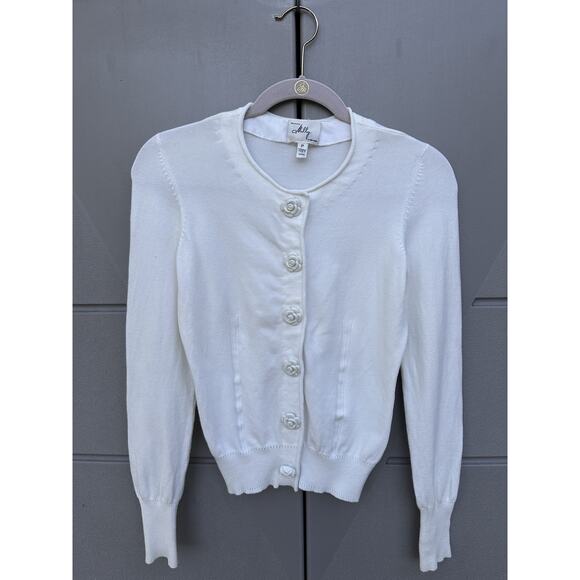 Milly Rare Cream Cardigan w/ Delicate Rose Buttons Sweater Cotton Classiccore XS - Picture 1 of 9